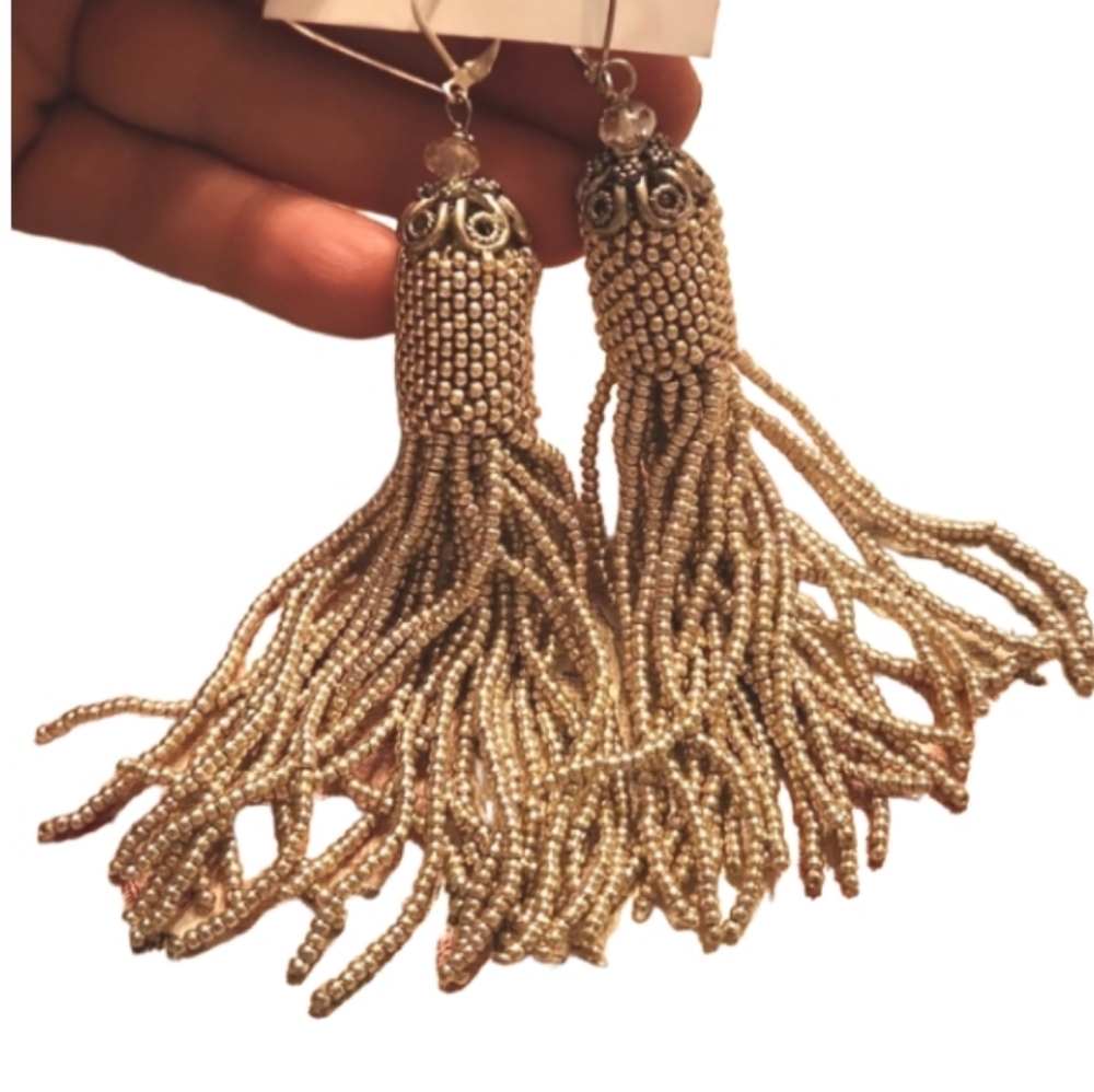 Dangle silvertoned tassel earrings with crystal and fancy top. New no tags